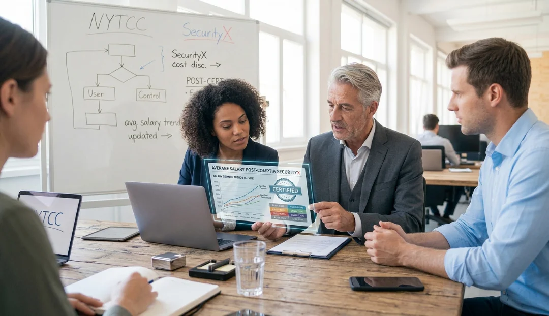 CompTIA SecurityX Certification professional discussing average salary and career growth with a senior mentor in a modern office.