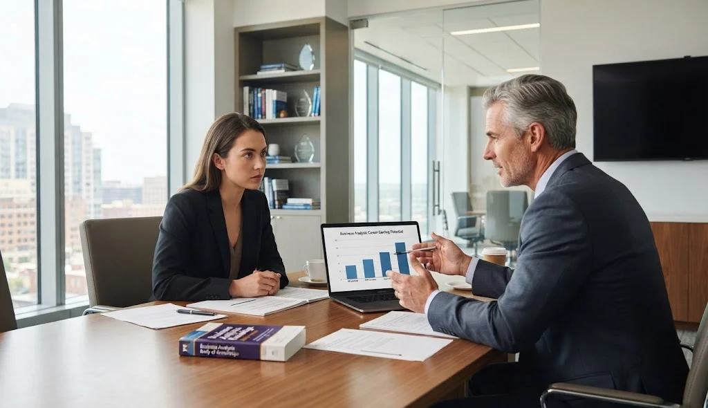 PMI Professional in Business Analysis discussing salary growth and earning potential with a senior business analysis mentor.