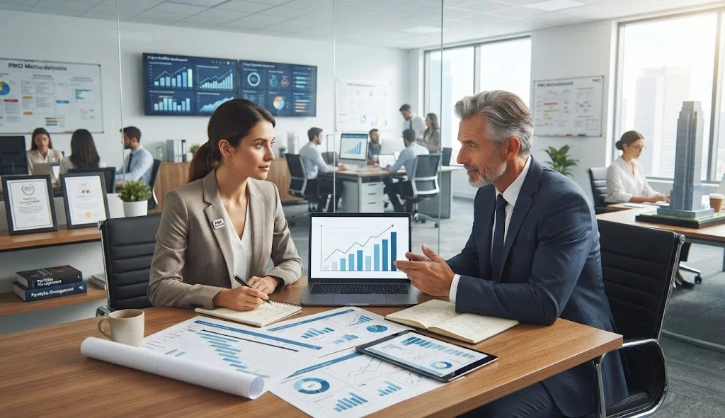 PMO Certified Professional discussing salary growth and earning potential with a senior PMO mentor in a modern executive office.