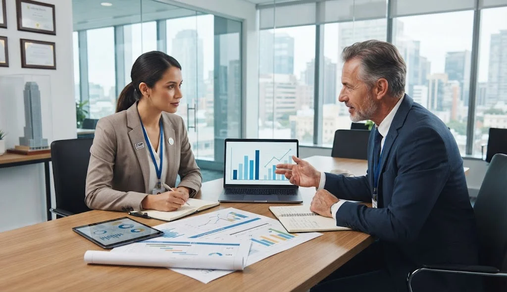 Project Management Professional discussing salary growth and earning potential with a senior project management mentor in an executive office.