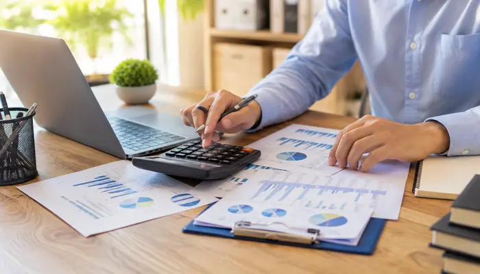 FMP Certification average salary concept featuring financial charts, calculator, laptop, and professional career planning in a bright office setting.