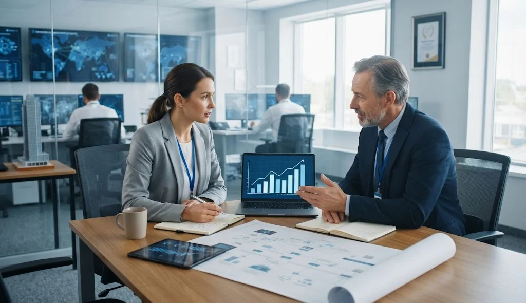 OSAI+ cybersecurity professional discussing salary growth and earning potential with a senior mentor in a modern office.