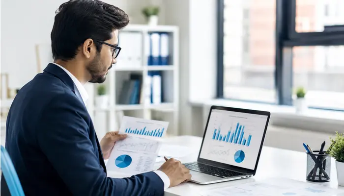 Professional reviewing eCDFP Certification salary trends and earning potential with financial charts in a bright modern office.
