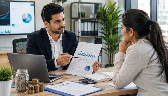 Professional discussing eCIR Certification salary trends and earning potential with financial charts in a bright modern office.