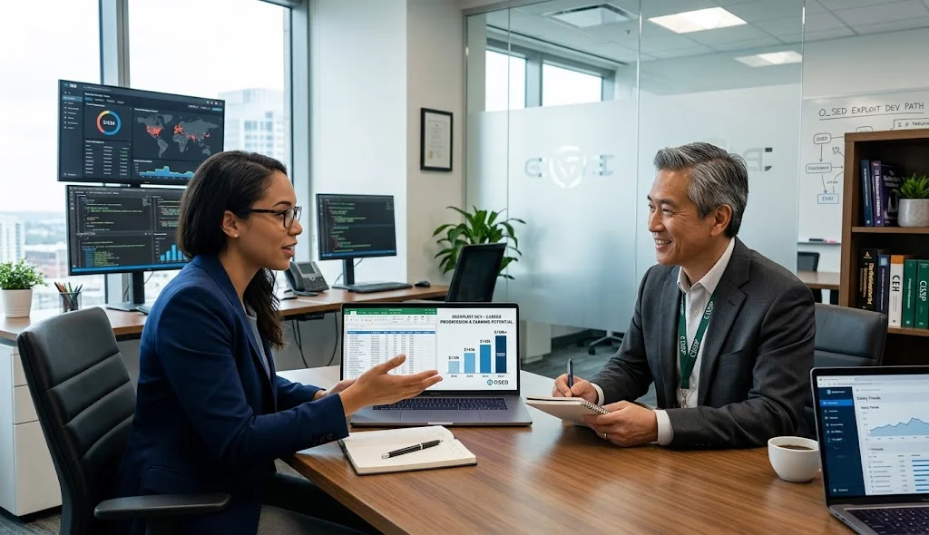 OSED exploit development professional discussing salary growth and earning potential with a senior cybersecurity mentor.