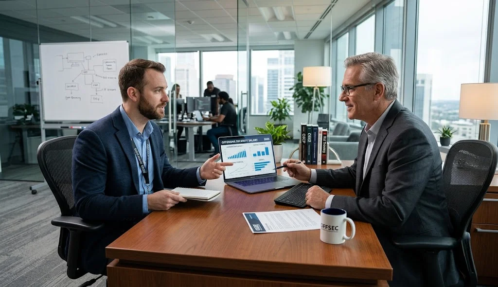OSEE exploit engineering professional discussing salary growth and earning potential with a senior offensive security mentor.