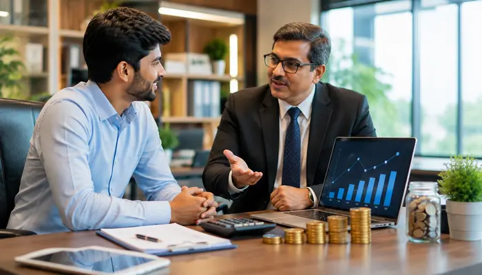 eCTHP Certification salary discussion with a senior advisor using charts, coins, and financial visuals in a bright modern office.