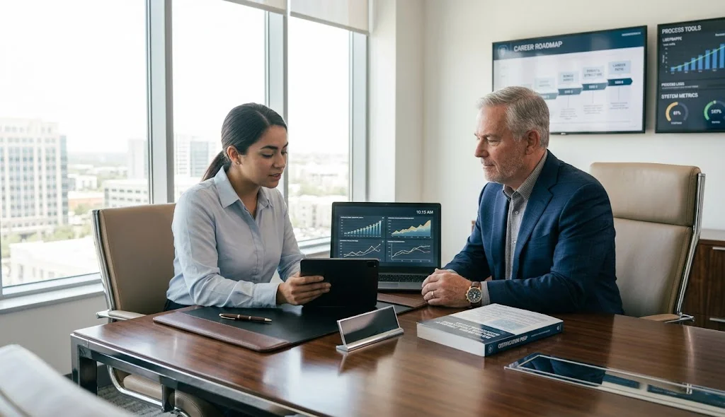 OSTH threat hunting professional discussing salary growth and earning potential with a senior cybersecurity mentor in an office.