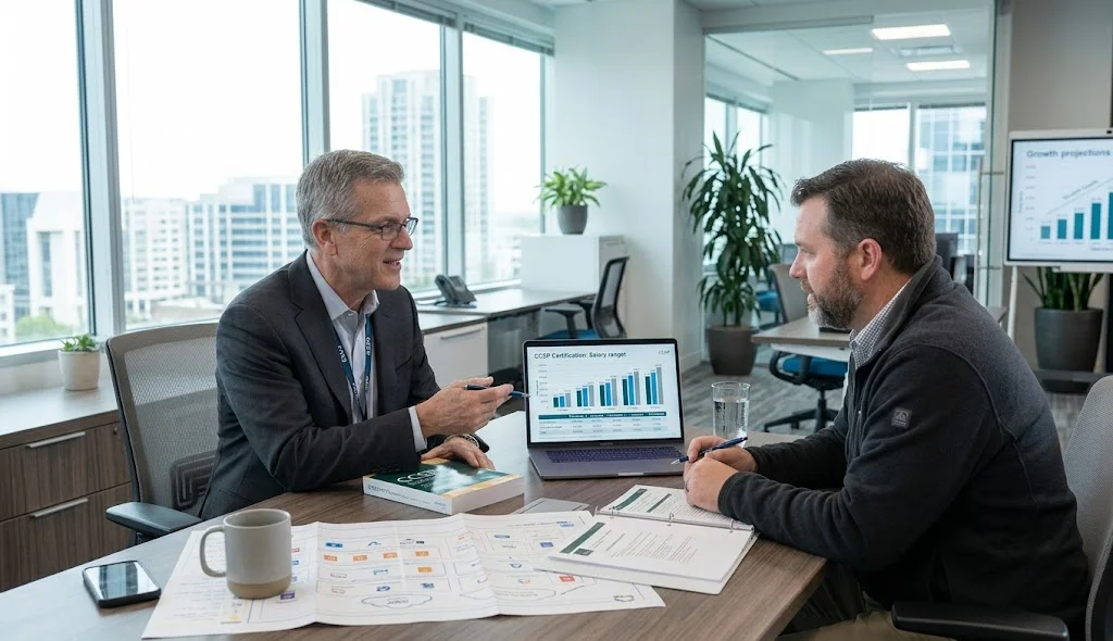 CCSP professional discussing salary growth and earning potential with senior cloud security mentors in a modern executive office.