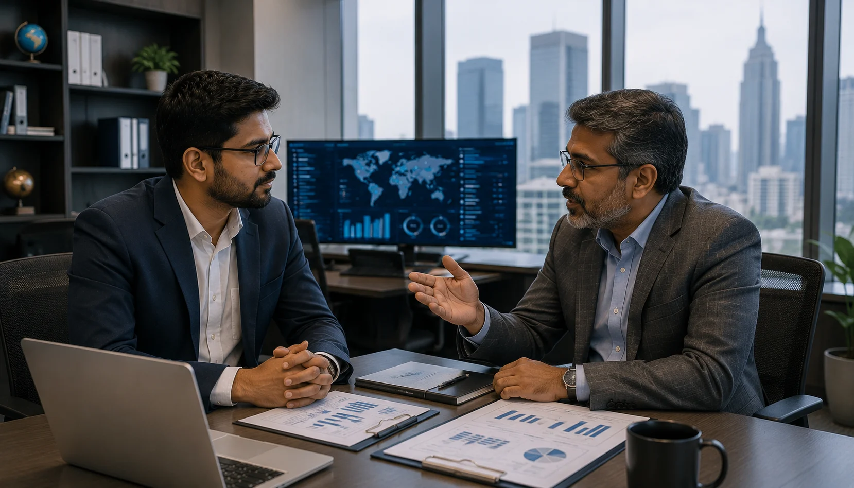 CISSP professional discussing average salary and earning potential with a senior information security mentor in a modern office.