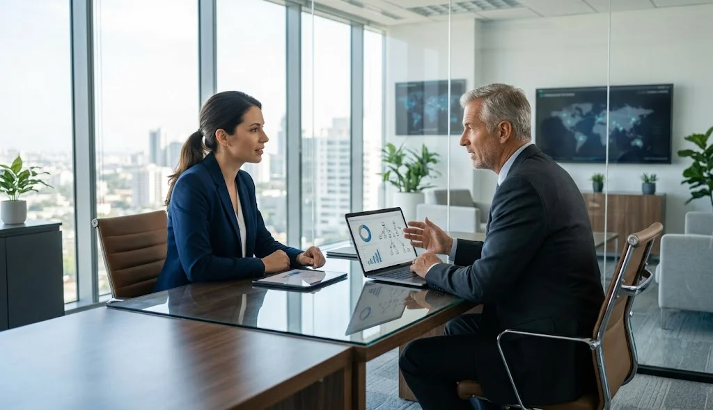 ISSAP professional discussing average salary and earning potential with a senior security architecture mentor in a modern office.