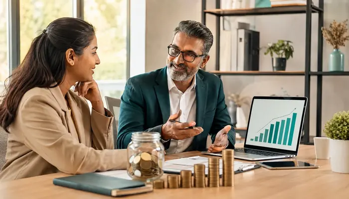 Professionals reviewing CCOA Certification salary trends with rising income charts, coins, and savings visuals in a bright office.