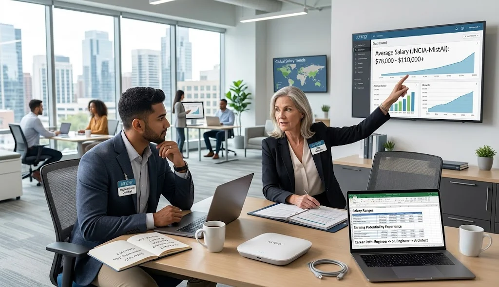 JNCIA-MistAI professional discussing average salary and career growth with a senior Juniper Mist networking mentor in office.