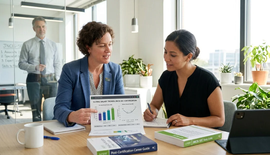 JNCIS-SEC Certification professional discussing average salary and career growth with a senior mentor in a modern office.
