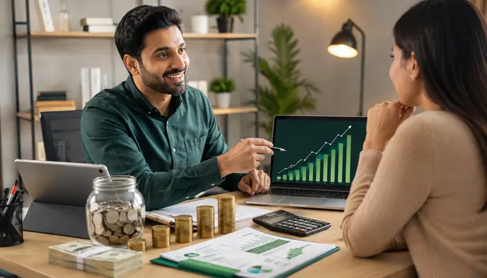 Professionals reviewing CISM Certification salary trends with income charts, cash, coins, and savings in a bright modern office.