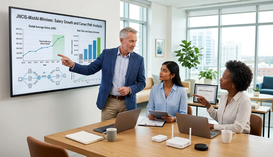 JNCIS-MistAI-Wireless Certification professional discussing average salary and career growth with a senior mentor in a modern office.