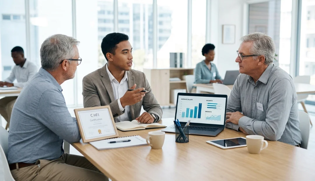 C|HFI Certification professional discussing average salary and career growth with a senior mentor in a modern office.