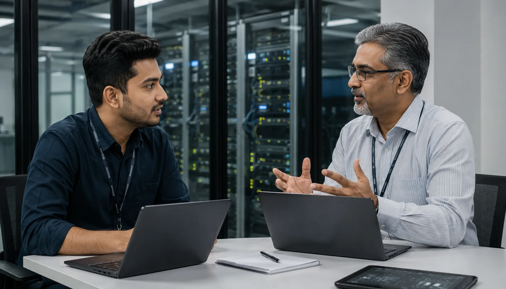 JNCIS-DC professional discussing salary growth and earning potential with senior Juniper data center mentors in a modern office.