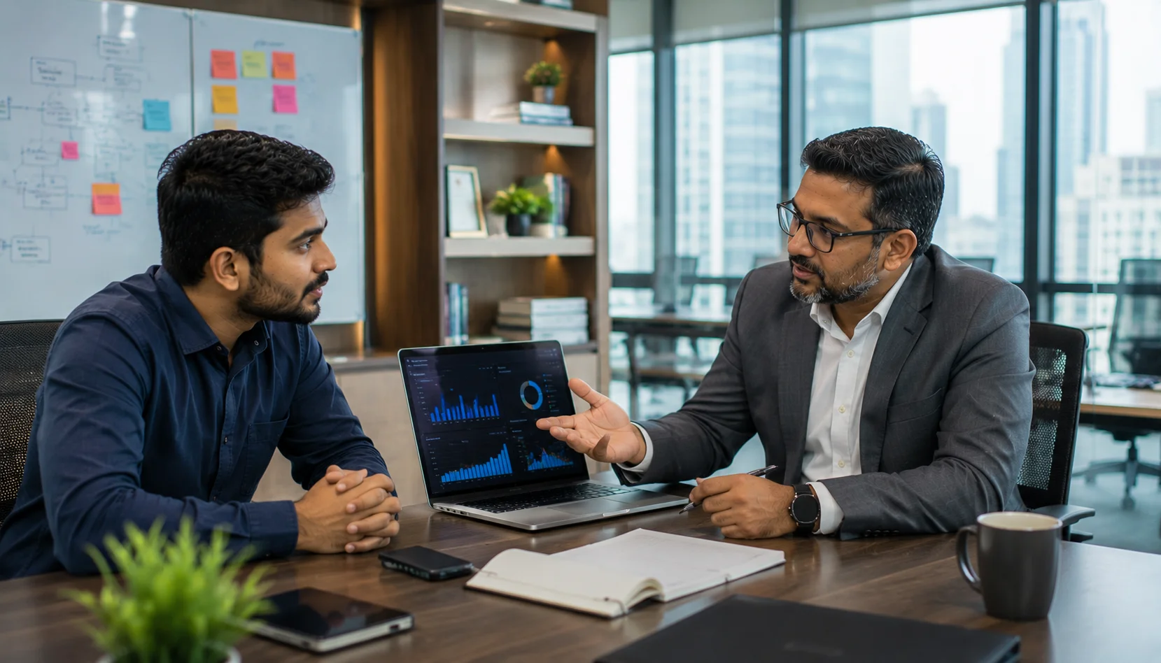 Professional Scrum Developer discussing salary growth and earning potential with senior Scrum mentors in a modern office.