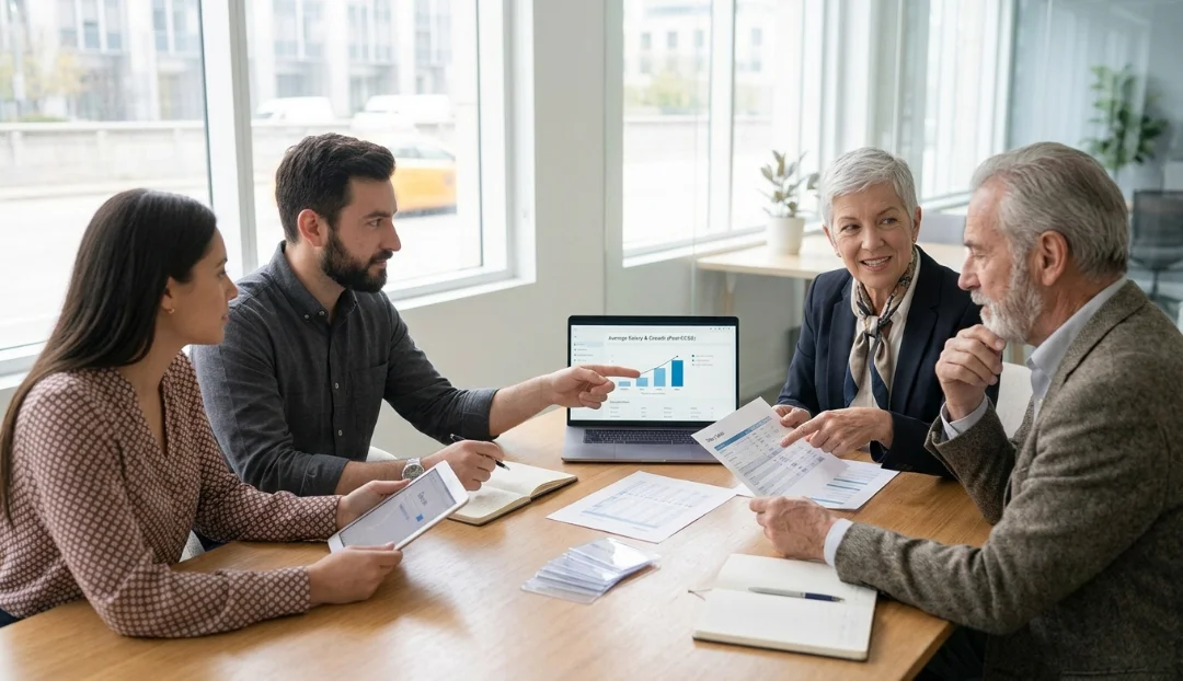 ECSS Certification professional discussing average salary and career growth with a senior mentor in a modern office.