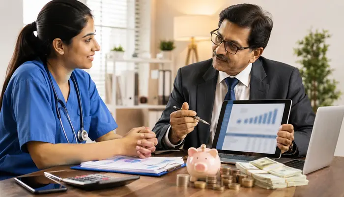 OET Certification professional discussing average salary and career growth with a senior mentor in a modern office.