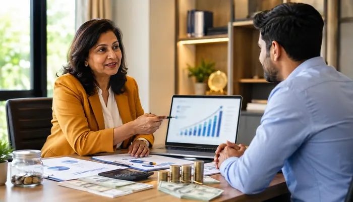 C-SBP Certification professional discussing average salary and career growth with a senior mentor in a modern office.