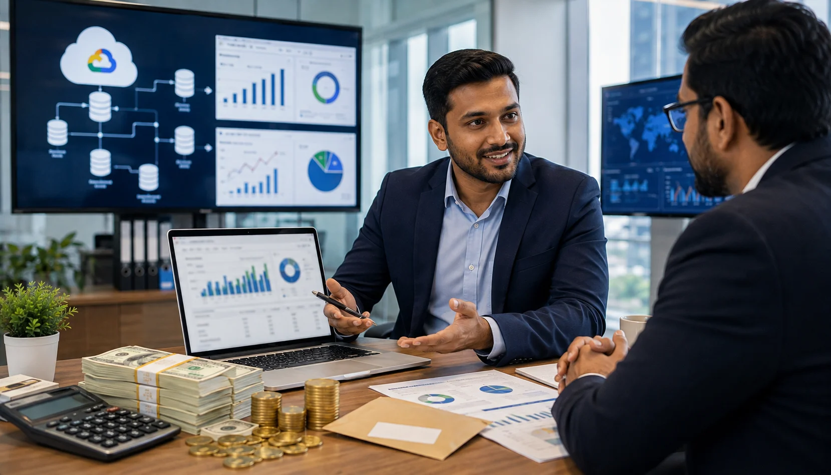 GCP Associate Data Practitioner discussing salary growth and earning potential with senior data analytics mentors in an office.