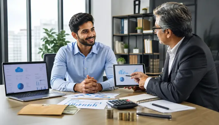 CompTIA Cloud Essentials Certification professional discussing average salary and career growth with a senior mentor in a modern office.