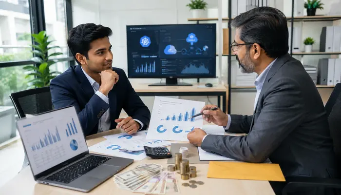 Kubernetes and Cloud Native Associate Certification professional discussing average salary and career growth with a senior mentor in a modern office.