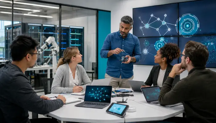 ACCNP Automation Certification learners discussing exam-pass training with the NYTCC team in a modern network automation lab.