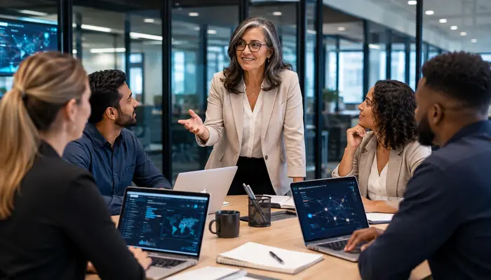 Team discusses CCNP Security Certification online training and exam preparation with a senior mentor in a bright modern office.
