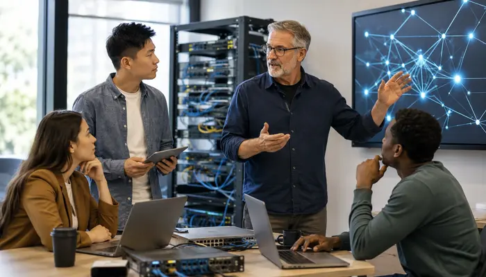 Team discusses Cisco Certified Network Associate (CCNA) Certification training with expert guidance in a modern networking lab.