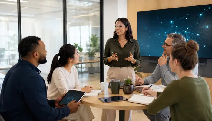 Team discusses Cisco Cybersecurity Professional Certification training with expert guidance during a bright modern office meeting.