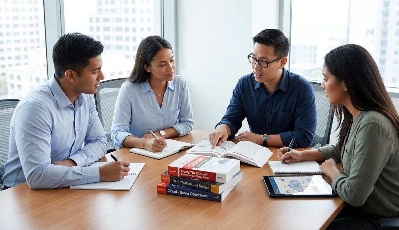 CompTIA Cloud+ Certification professional discussing online exam-pass training and certification options with a senior mentor in an office.
