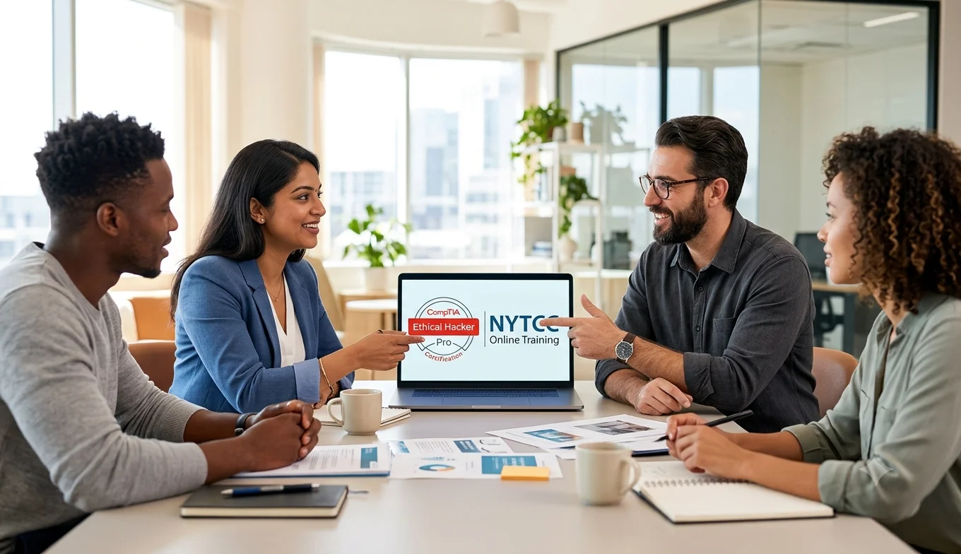 CompTIA Ethical Hacker Pro Certification professional discussing online exam-pass training and certification options with a senior mentor.