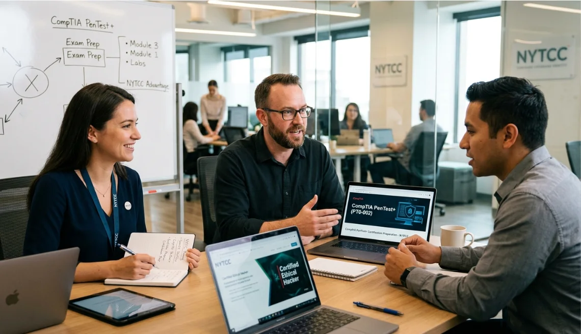 CompTIA PenTest+ Certification professional discussing online exam-pass training and certification options with a senior mentor in an office.