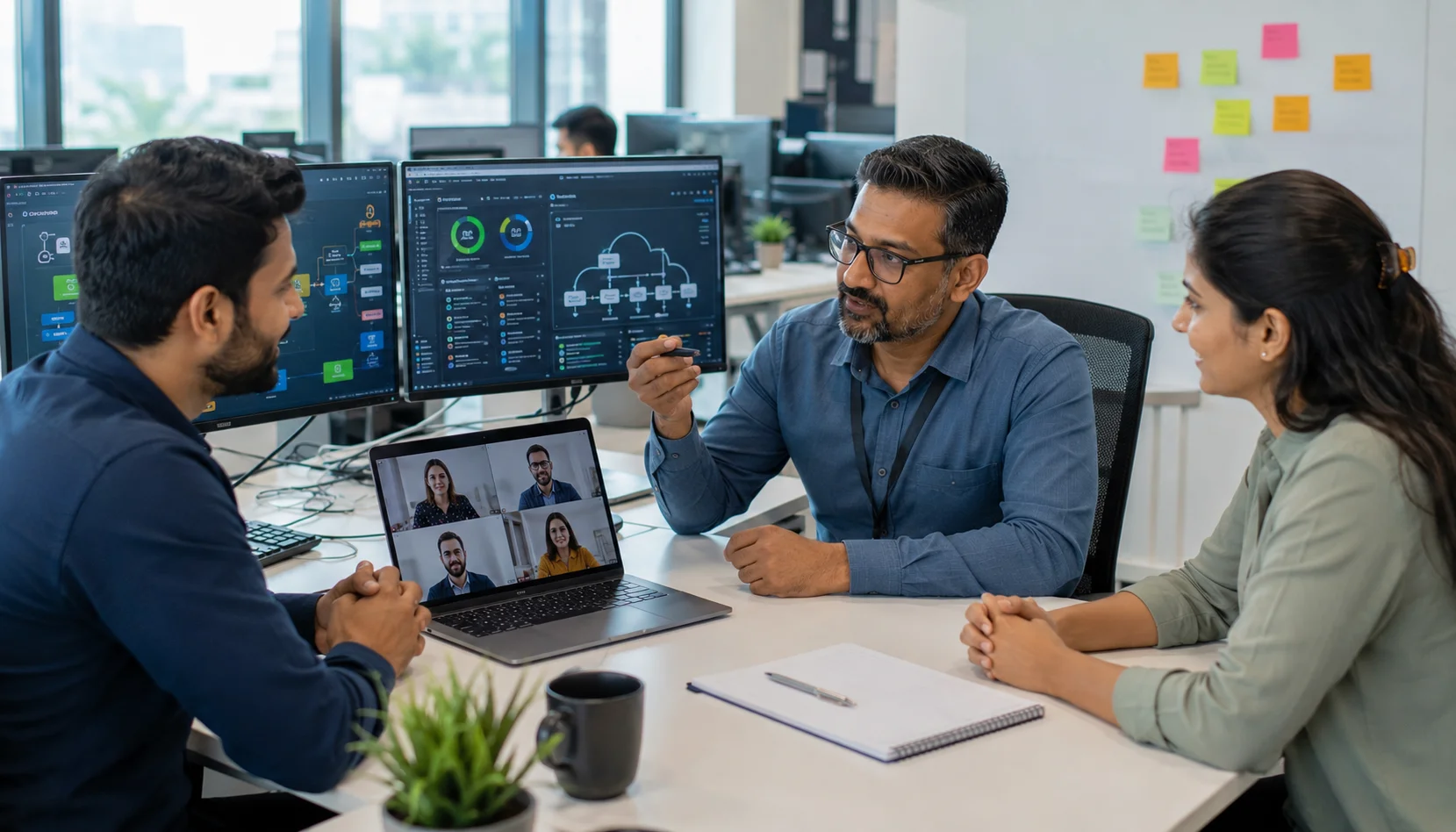 SAFe DevOps Practitioner discussing online certification training with senior DevOps mentors in a modern technology office.