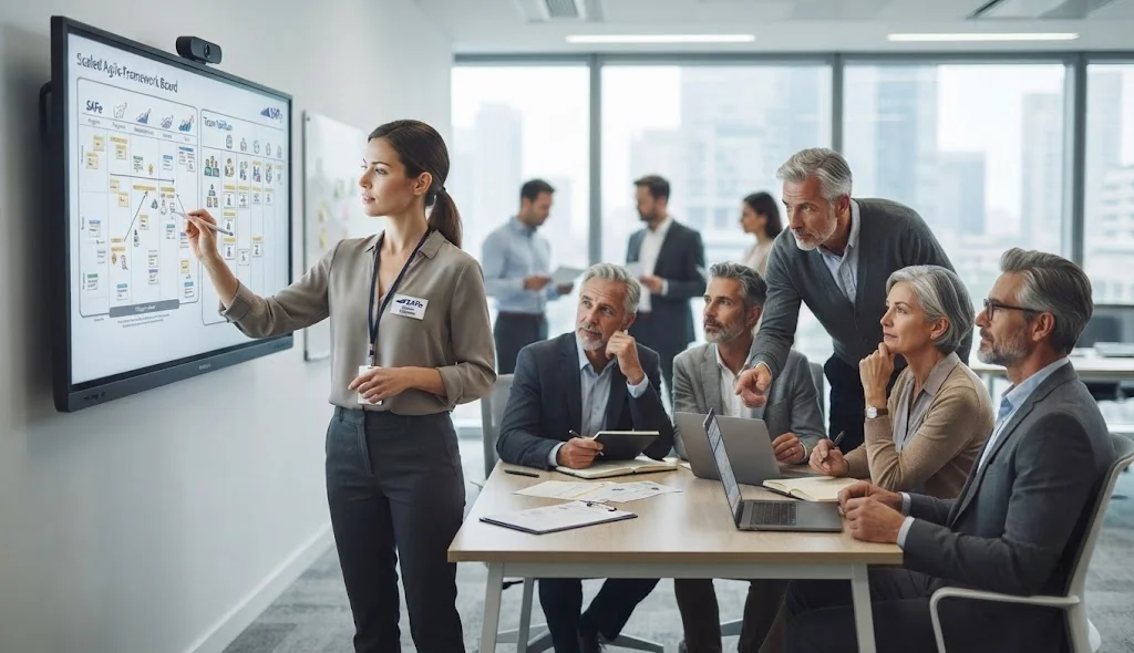 SAFe Scrum Master discussing online certification training with senior Agile mentors during a collaborative Scrum meeting.
