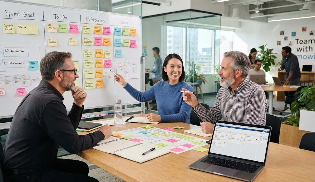PMI Agile Certified Practitioner discussing online certification training with senior Agile mentors in a modern office.