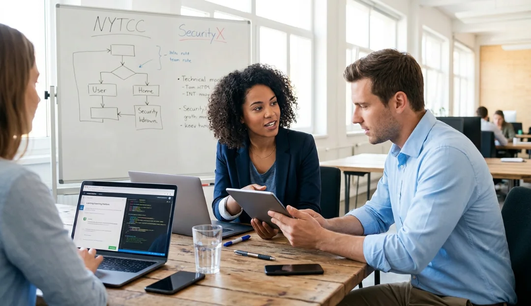 CompTIA SecurityX Certification professional discussing online exam-pass training and certification options with a senior mentor in a modern office.