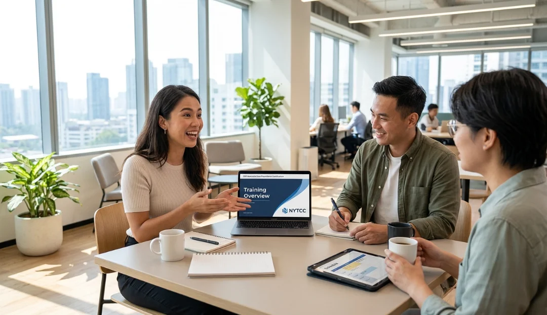 GCP Associate Data Practitioner Certification professional discussing online exam-pass training and certification options with a senior mentor in a modern office.