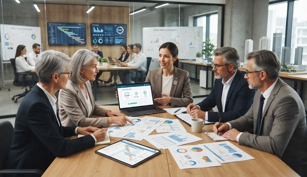 PMO Certified Professional discussing online certification training with senior PMO leaders in a modern project management office.