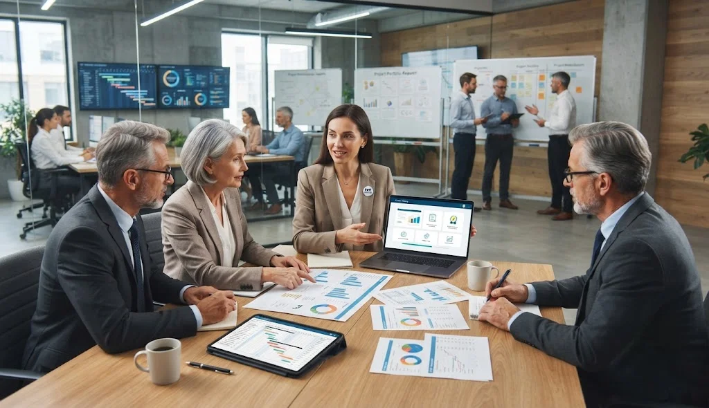 Project Management Professional discussing online certification training with senior project management leaders in a modern office.