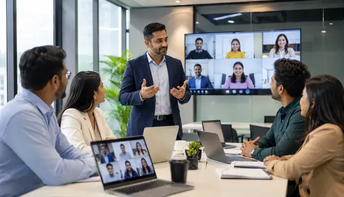 Team discussing eCDFP Certification training with an expert instructor during a bright online learning session in a modern office.