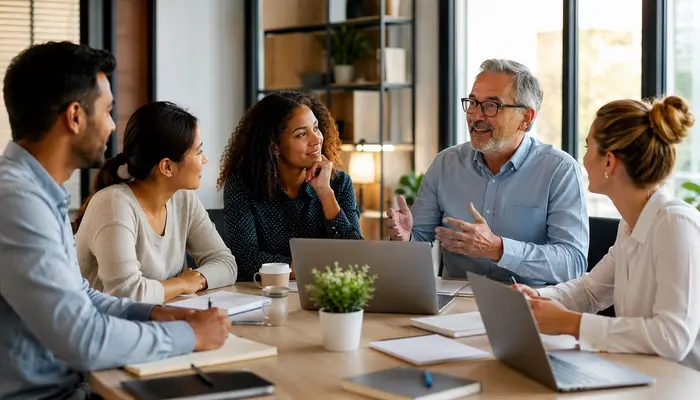 Team discussing eCIR Certification online training with a senior instructor during a collaborative session in a modern office.
