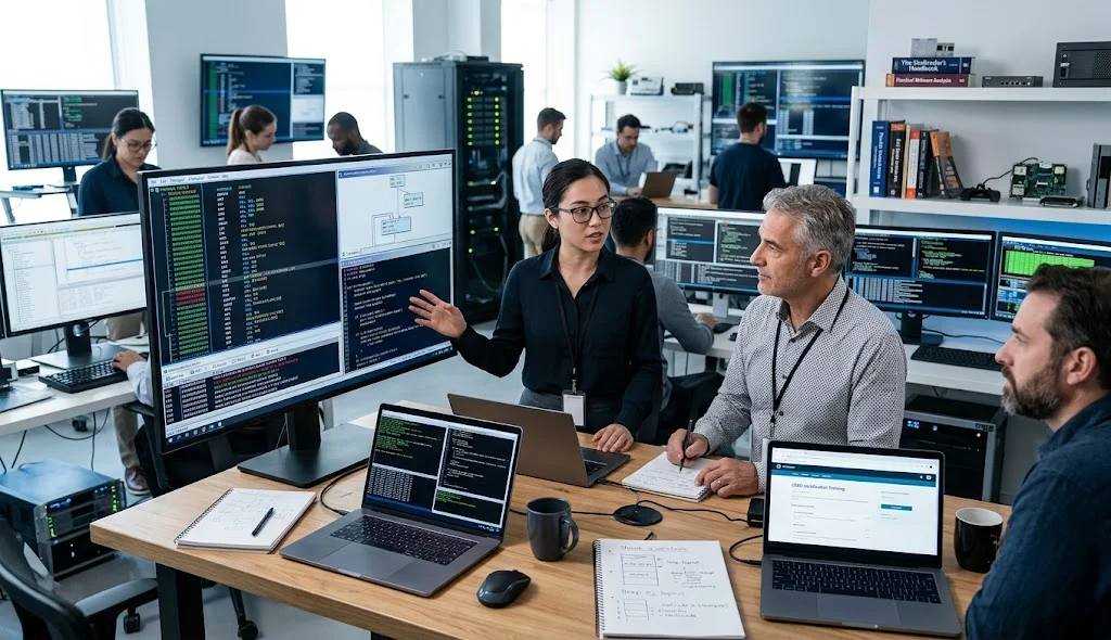 OSED exploit development professional discussing online certification training with senior cybersecurity mentors in a modern security lab.