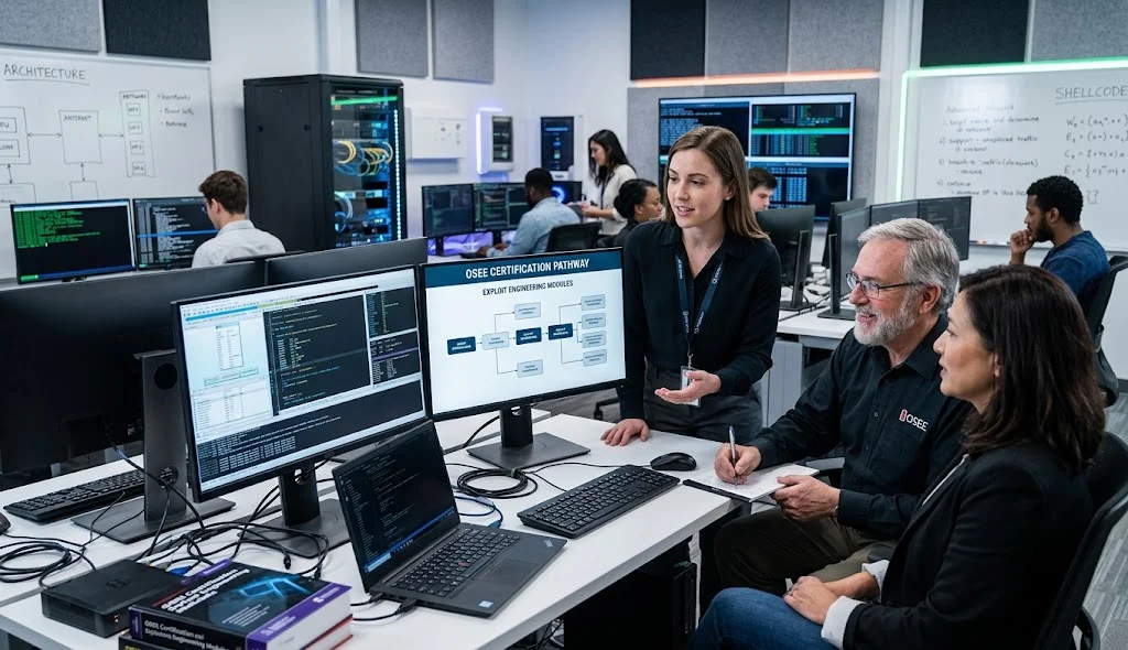 OSEE exploit engineering professional discussing online certification training with senior offensive security mentors in a modern security lab.