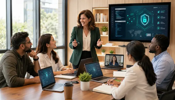 Team discussing eCTHP Certification training with a senior instructor in a collaborative cybersecurity meeting at a modern office.