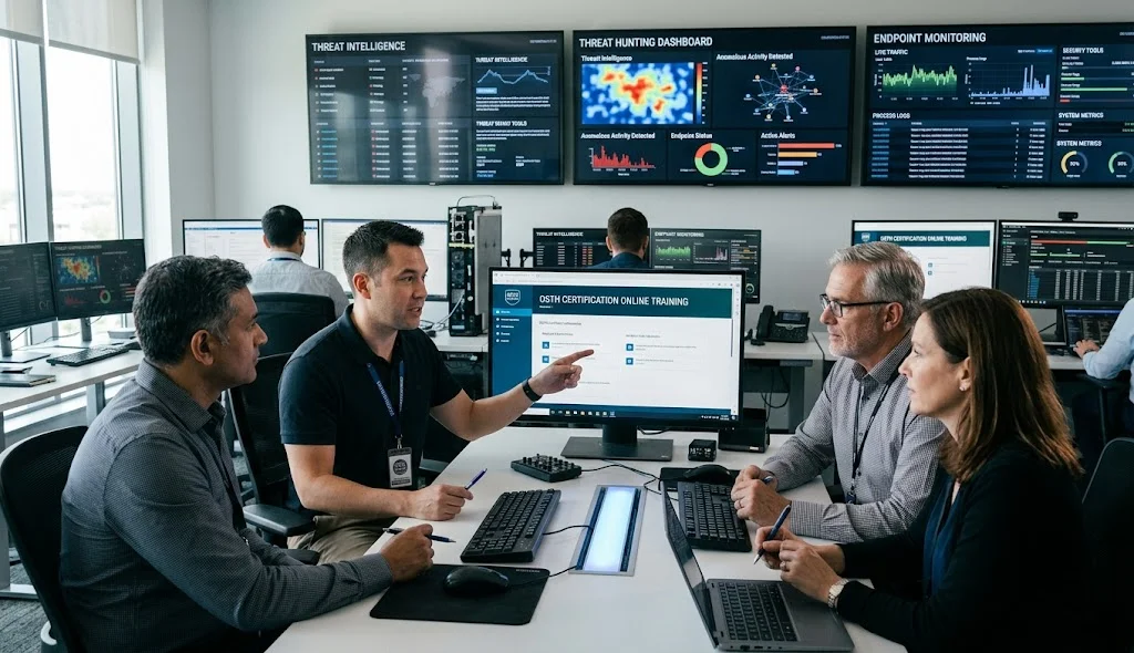 OSTH threat hunting professional discussing online certification training with senior cybersecurity mentors in a modern SOC.
