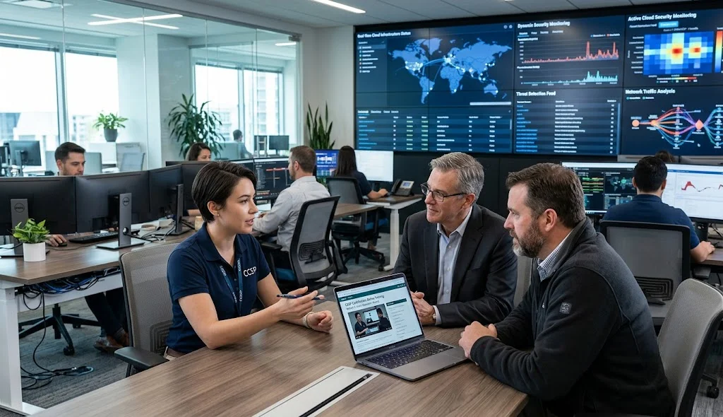 CCSP professional discussing online certification training with senior cloud security mentors in a modern technology office today.